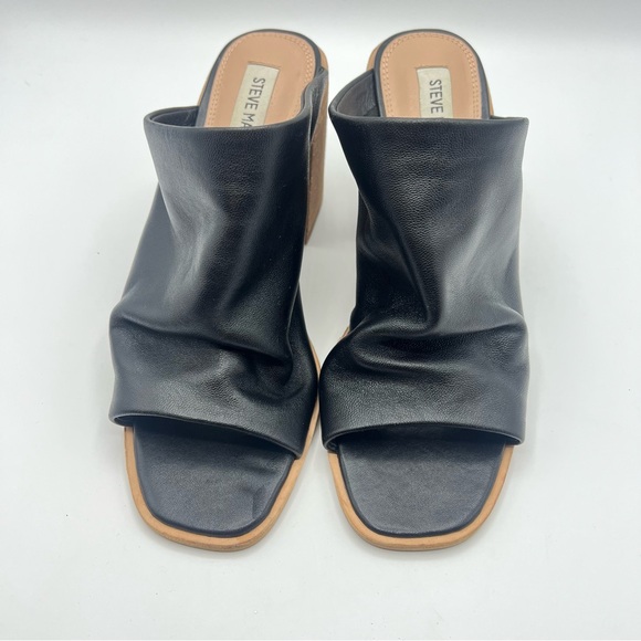 Steve Madden CRU Black Slouch Leather Wood Block Heel Mule Sandals Women Size 9 - Picture 2 of 7